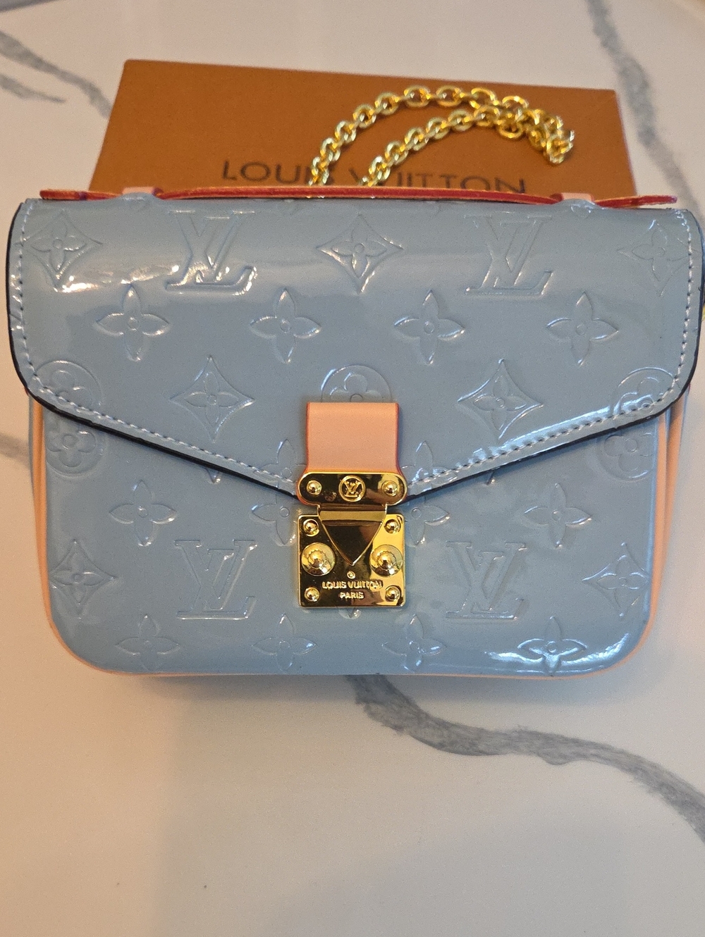 Bag Light Blue Vernis Crossbody with Gold Hardware Accent